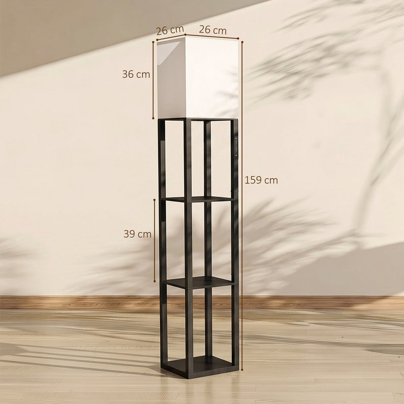 Dimensions diagram showing the floor lamp at 159 cm tall with a 26 cm square shade and 39 cm shelf spacing