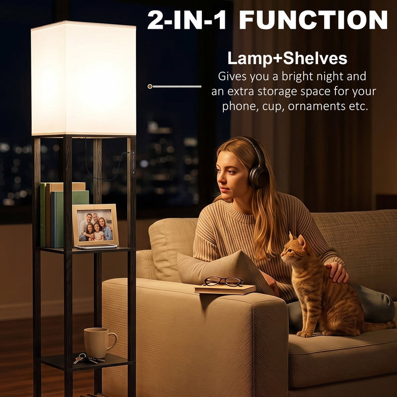 Woman reading on a sofa with a cat beside the floor lamp with shelves, with 2-in-1 function text