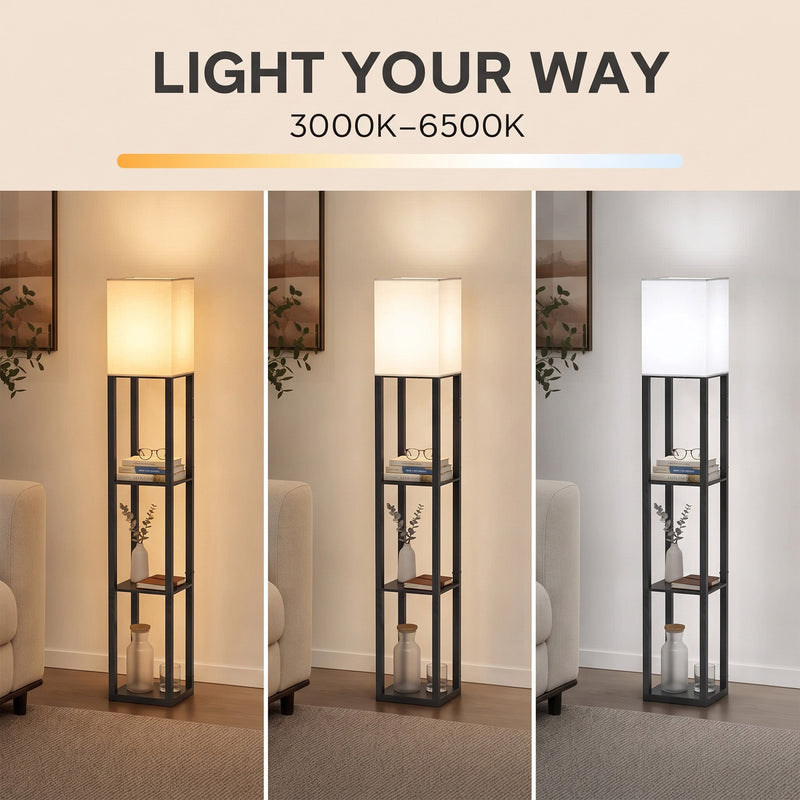 Three views of the floor lamp showing warm to cool light from 3000K to 6500K