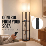 Hand using the remote control with the floor lamp and a close-up of the touch panel