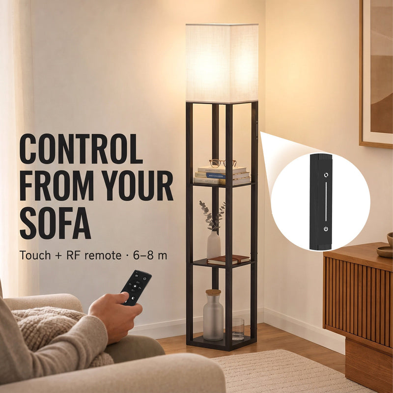 Hand using the remote control with the floor lamp and a close-up of the touch panel