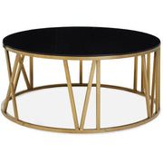 100cm round coffee table with black tempered glass top and gold Roman numeral frame on a plain background