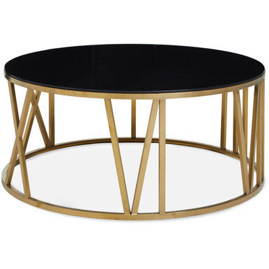 100cm round coffee table with black tempered glass top and gold Roman numeral frame on a plain background