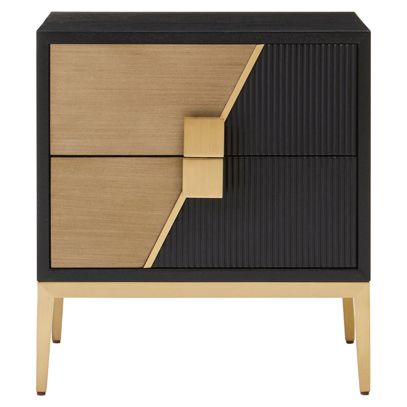 Black and gold two drawer side table with gold handles on a plain background