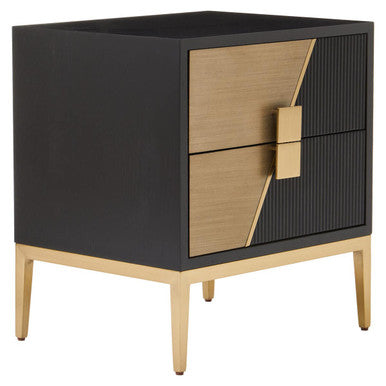 Front view of the black and gold side table showing the diagonal fluted panels