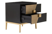 Angled view of the two drawer side table showing the grained gold-finish panel