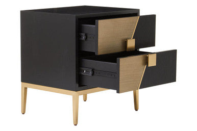 Angled view of the two drawer side table showing the grained gold-finish panel