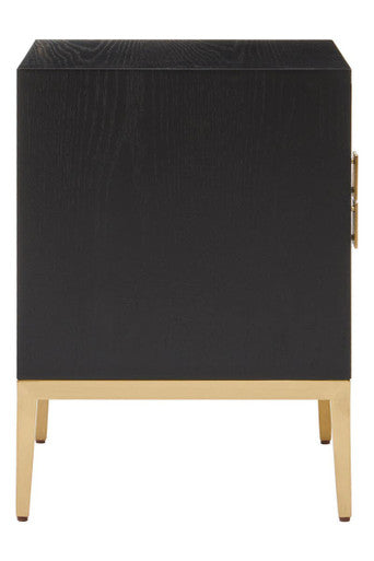 Side profile of the black and gold drawer side table showing its solid base