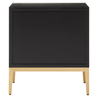 Two drawer side table shown with the drawers open to reveal storage space
