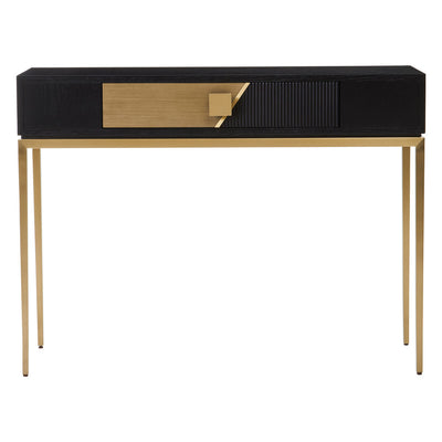 Black and gold fluted 1 drawer console table with gold handle on a plain background