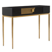 Front view of the console table showing the diagonal fluted black and gold panels