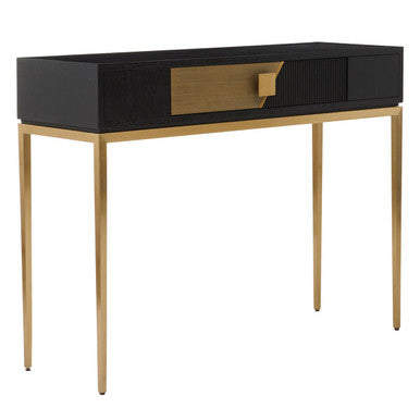Front view of the console table showing the diagonal fluted black and gold panels