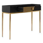 Angled view of the black and gold console table showing the grained gold-finish panel