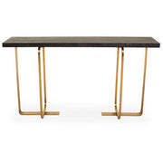 Front view of the 150cm black and grey console table with angular brushed gold steel legs on a plain background