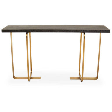 Front view of the 150cm black and grey console table with angular brushed gold steel legs on a plain background