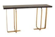 Angled studio view of the black and grey oak veneer console table showing the gold angular base