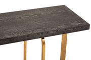 Close-up of the sandblasted oak veneer top showing the raised black and grey wood grain texture