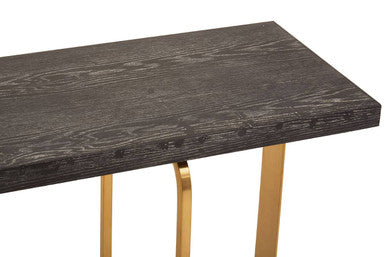 Close-up of the sandblasted oak veneer top showing the raised black and grey wood grain texture