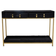 Studio view of the black hair-on-hide console table on a plain background