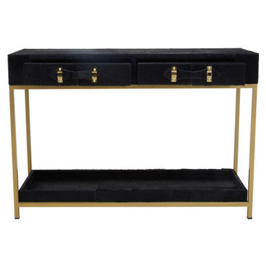 Studio view of the black hair-on-hide console table on a plain background