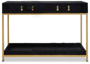 Front view of the 110cm black hair-on-hide console table with two drawers and a gold frame