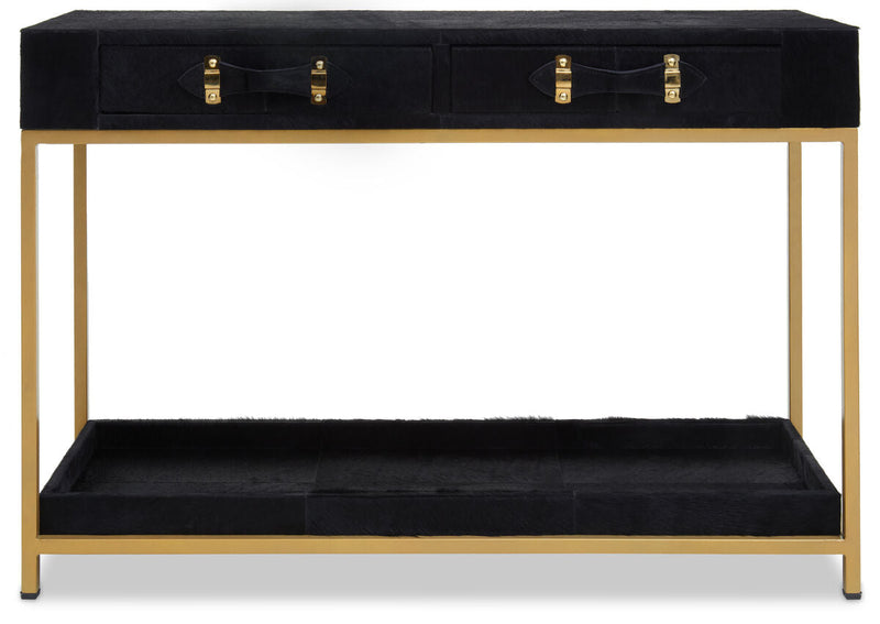 Front view of the 110cm black hair-on-hide console table with two drawers and a gold frame
