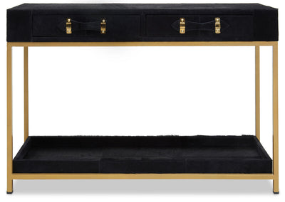 Front view of the 110cm black hair-on-hide console table with two drawers and a gold frame