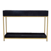 Hair-on-hide console table with a drawer pulled open to show the internal storage