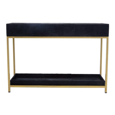 Hair-on-hide console table with a drawer pulled open to show the internal storage