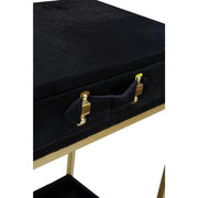 Detail shot of the drawer edge where the hair-on-hide facing meets the wood body