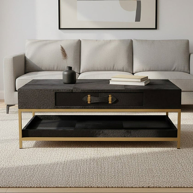 Black hair-on-hide leather coffee table with gold frame styled in a living room