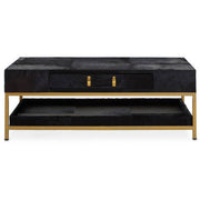 110cm black hair-on-hide leather coffee table on a gold metal frame, studio shot