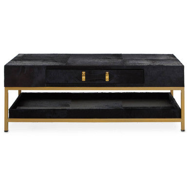 110cm black hair-on-hide leather coffee table on a gold metal frame, studio shot