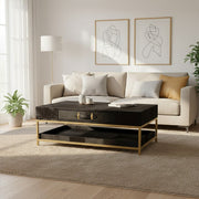 Hair-on-hide coffee table in a styled lounge with a metallic tray on top