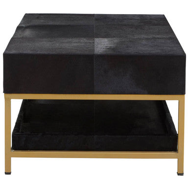 Coffee table with the storage drawer pulled open