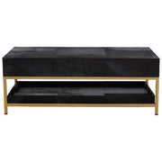 Side profile of the gold-finish metal frame and open base of the coffee table