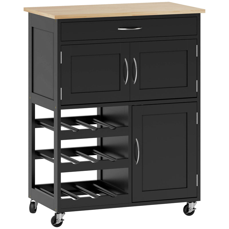 Black kitchen trolley with rubberwood top, drawer, wine rack and two cabinets, studio shot