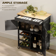 Open drawer showing cutlery storage and open cabinets with wine bottles and spice jars
