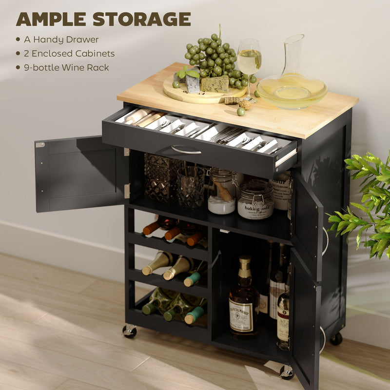 Open drawer showing cutlery storage and open cabinets with wine bottles and spice jars