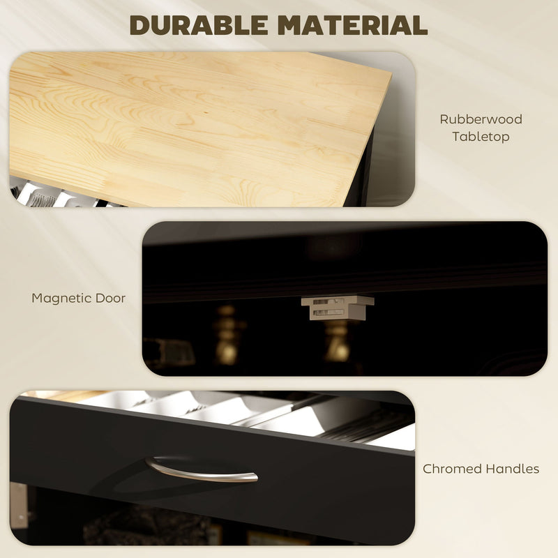 Close-up panel showing the rubberwood tabletop, magnetic cabinet door catch and chrome handles
