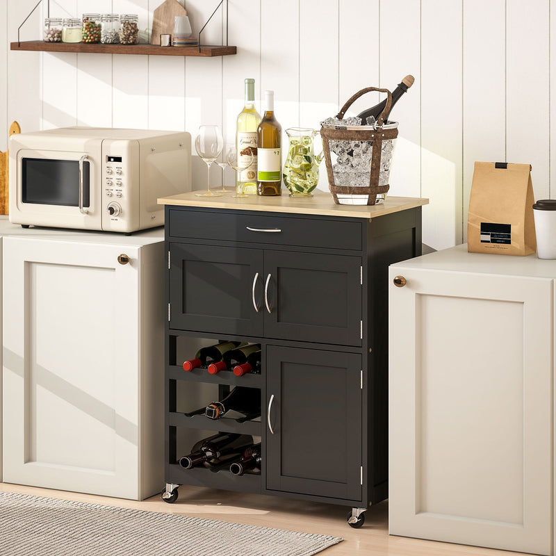 Kitchen trolley styled in a kitchen setting with wine bottles, an ice bucket and pantry items on top