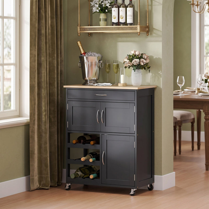 Kitchen trolley in a dining area with an ice bucket, glasses and flowers on top and a wall-mounted wine rack above
