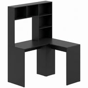 Black L-shaped corner desk with tall shelving on a white background