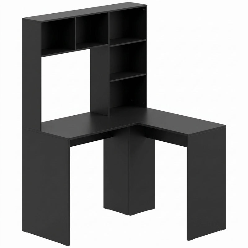 Black L-shaped corner desk with tall shelving on a white background