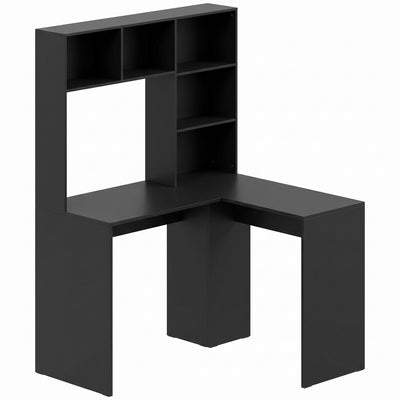 Black L-shaped corner desk with tall shelving on a white background