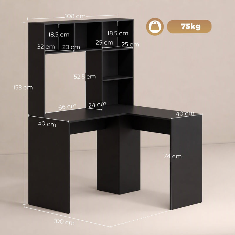 Dimensions diagram of the black L-shaped desk, 108 x 100 x 153 cm, 75 kg capacity