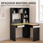 Corner desk with both work surfaces highlighted and a chair tucked in