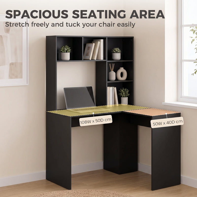 Corner desk with both work surfaces highlighted and a chair tucked in