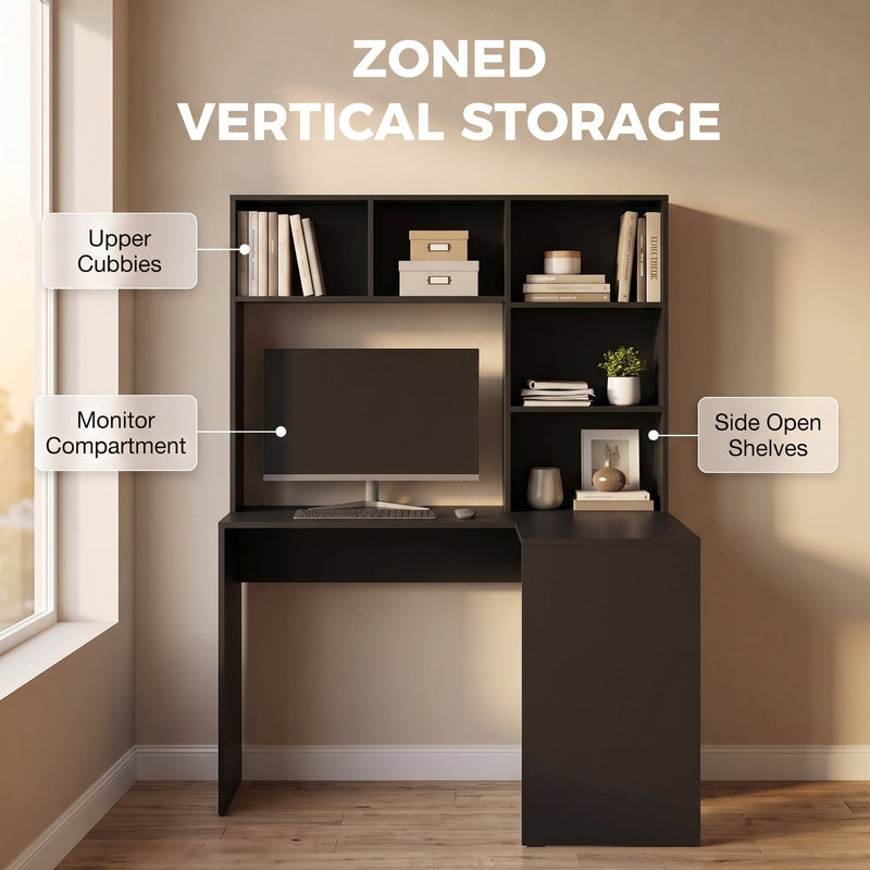 Labelled zones showing upper cubbies, monitor compartment and side open shelves
