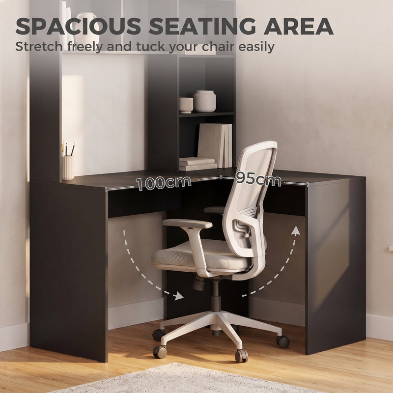 Office chair tucked under the desk showing 100 cm and 95 cm of legroom